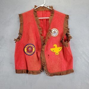 Vtg YMCA Y Indian Guides Vest Mens Large Red Pow Wow Felt Fabric Prairi Kee KC